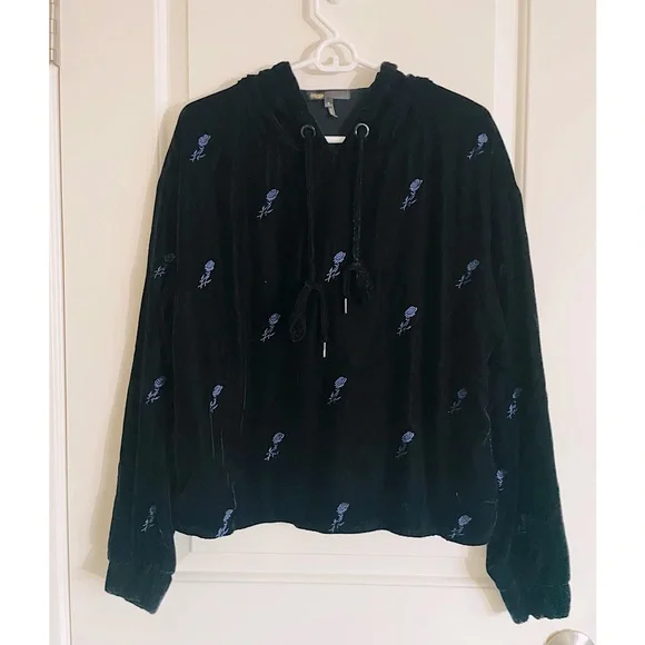 Maje Black Velvet Hoodie with Rose Embroidery Details